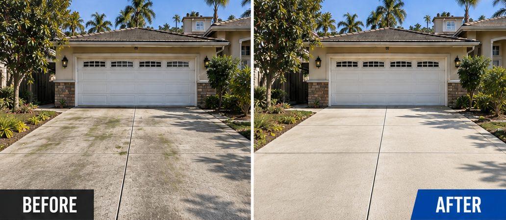 Before and after pressure washing a driveway with algae staining