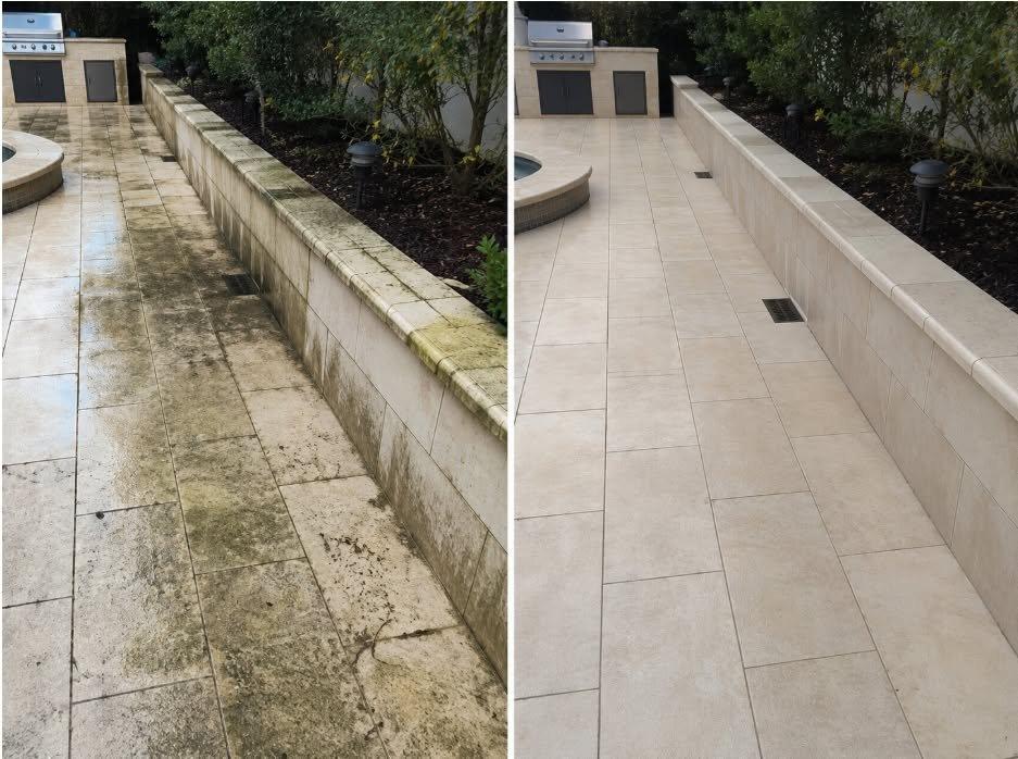Before and after pressure washing a paver walkway with algae staining