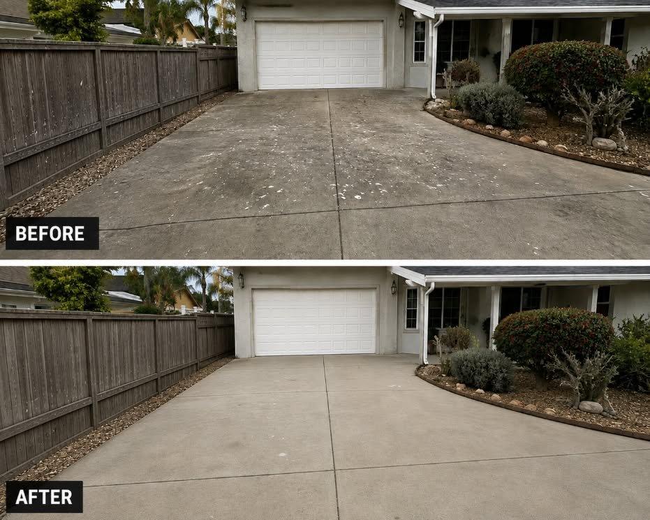 Before and after pressure washing a driveway next to a wood fence
