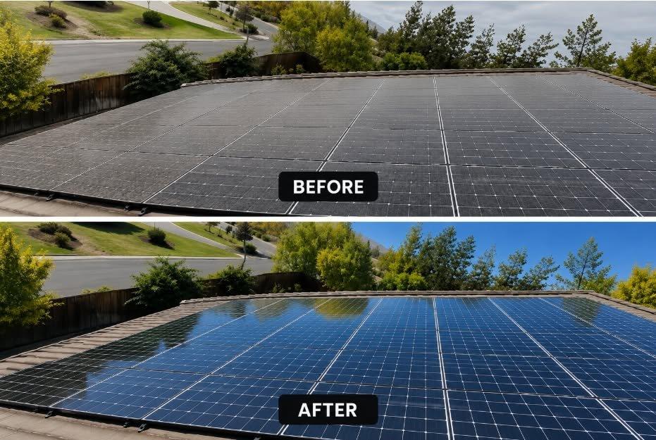 Before and after cleaning a residential solar panel array