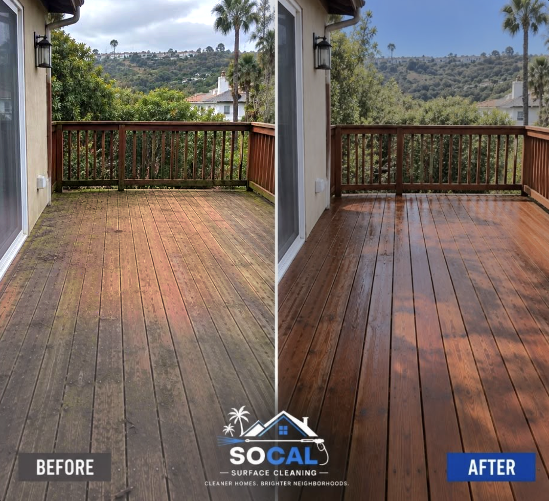 Before and after washing and staining a wood deck